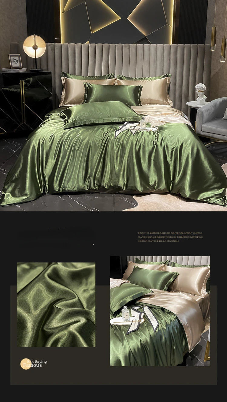 Real 100% Mulberry Silk Bedding Set with Duvet Cover Fitted/Flat Bed Sheet Pillowcase Solid Color 4pcs King Queen Twin Bed Sets