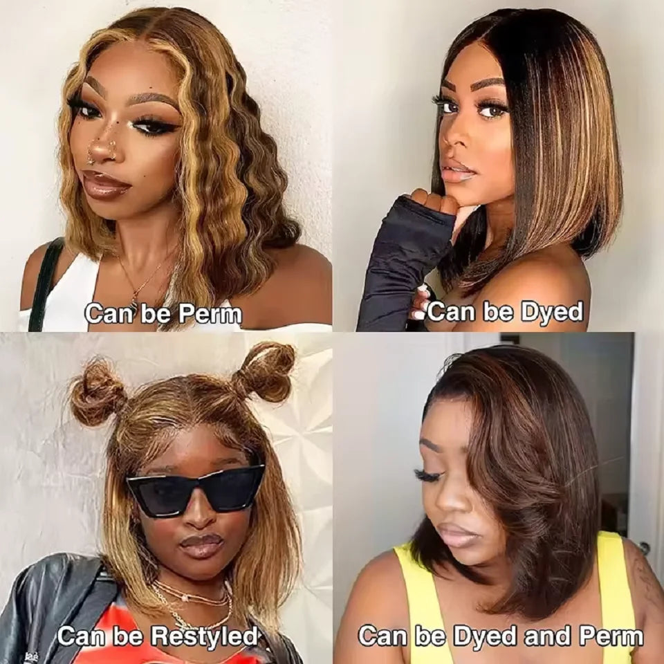 Highlight Ombre Straight Short Bob 4x4 Lace Closure Wigs 100% Human Hair Vietnamese 200 Density #4/27 Color 13x4 Lace Front Wig