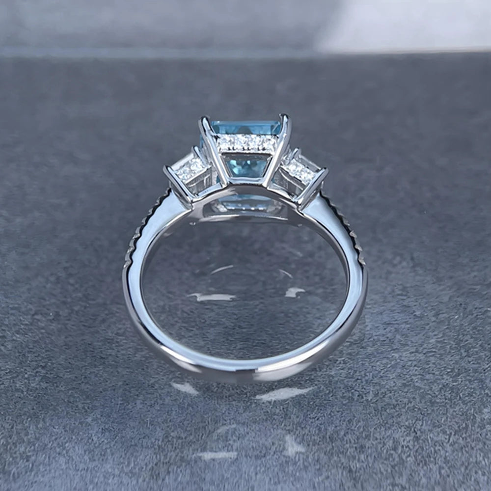 Wong Rain 925 Sterling Silver Emerald Cut 8*10 MM Aquamarine Citrine High Carbon Diamond Wedding Engagement Rings Fine Jewelry