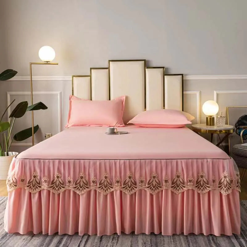 3pcs Set Raw Cotton Soft Bedspread Bed Romance Dust Protector Cover Embroidery Lace Edge Bed Skirt with 2pcs Pillowcase