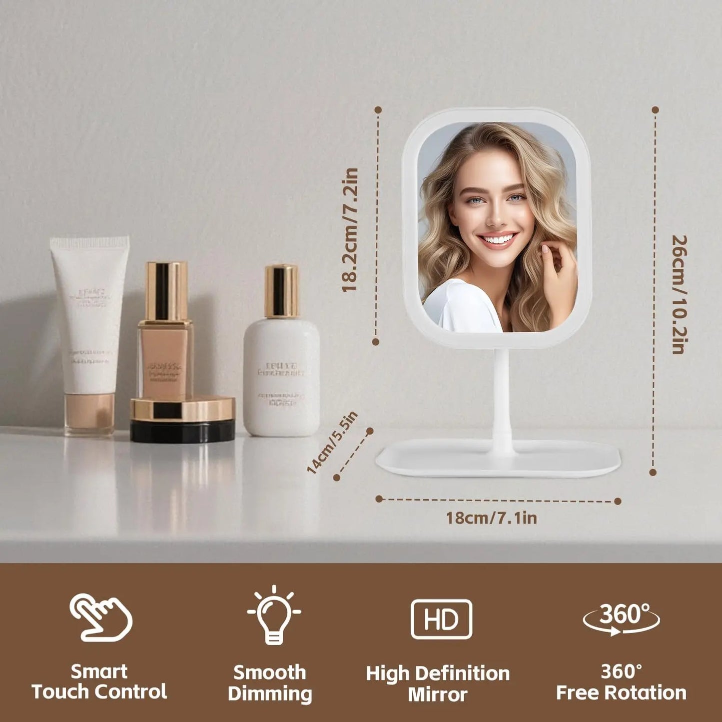 Vanity Makeup Mirror with Light, 3 Lights Color Portable Compact Travel Cosmetic Mirror Gifts Rechargeable Rotation Adjustment