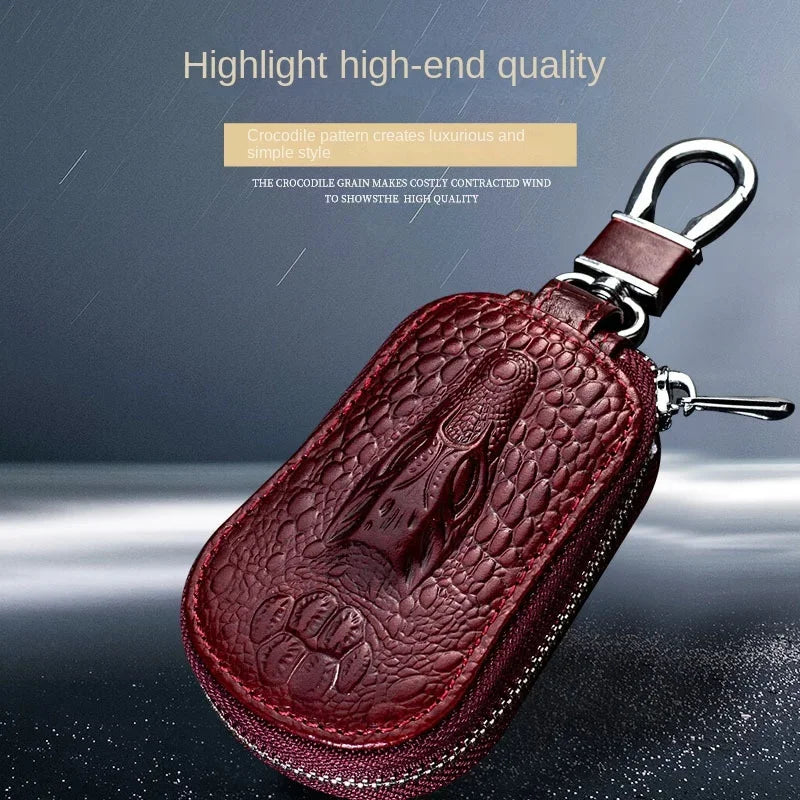 Cowhide Car Key Wallet Case Genuine Leather Crocodile Pattern Zipper Cover Mini Waist Trailer Key Bag Unisex with Metal Buckle