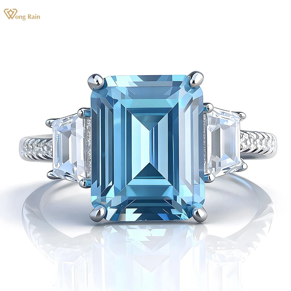 Wong Rain 925 Sterling Silver Emerald Cut 8*10 MM Aquamarine Citrine High Carbon Diamond Wedding Engagement Rings Fine Jewelry