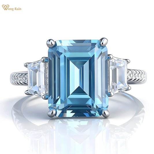 Wong Rain 925 Sterling Silver Emerald Cut 8*10 MM Aquamarine Citrine High Carbon Diamond Wedding Engagement Rings Fine Jewelry