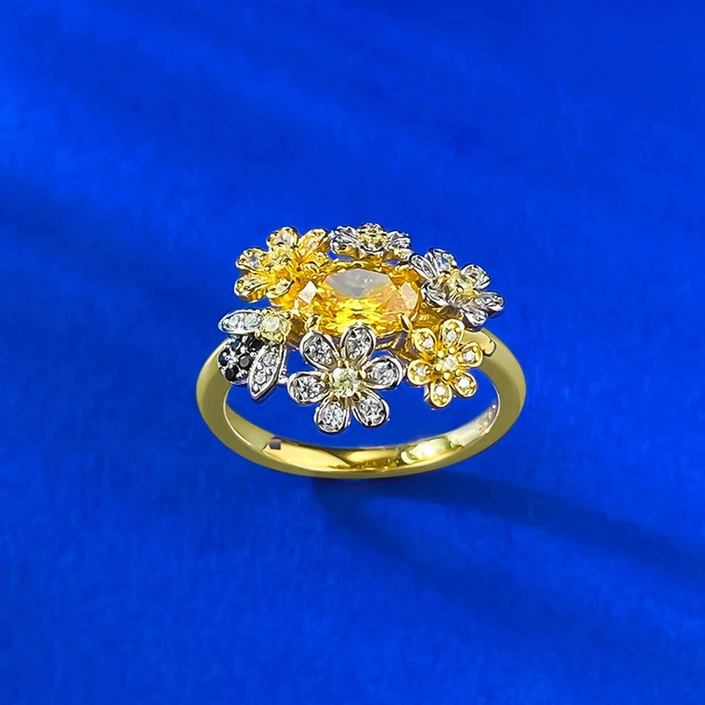 Wong Rain 925 Sterling Silver Oval Cut Citrine High Carbon Diamond Gems Flower Ring for Women Fine Jewelry Anniversary Gifts