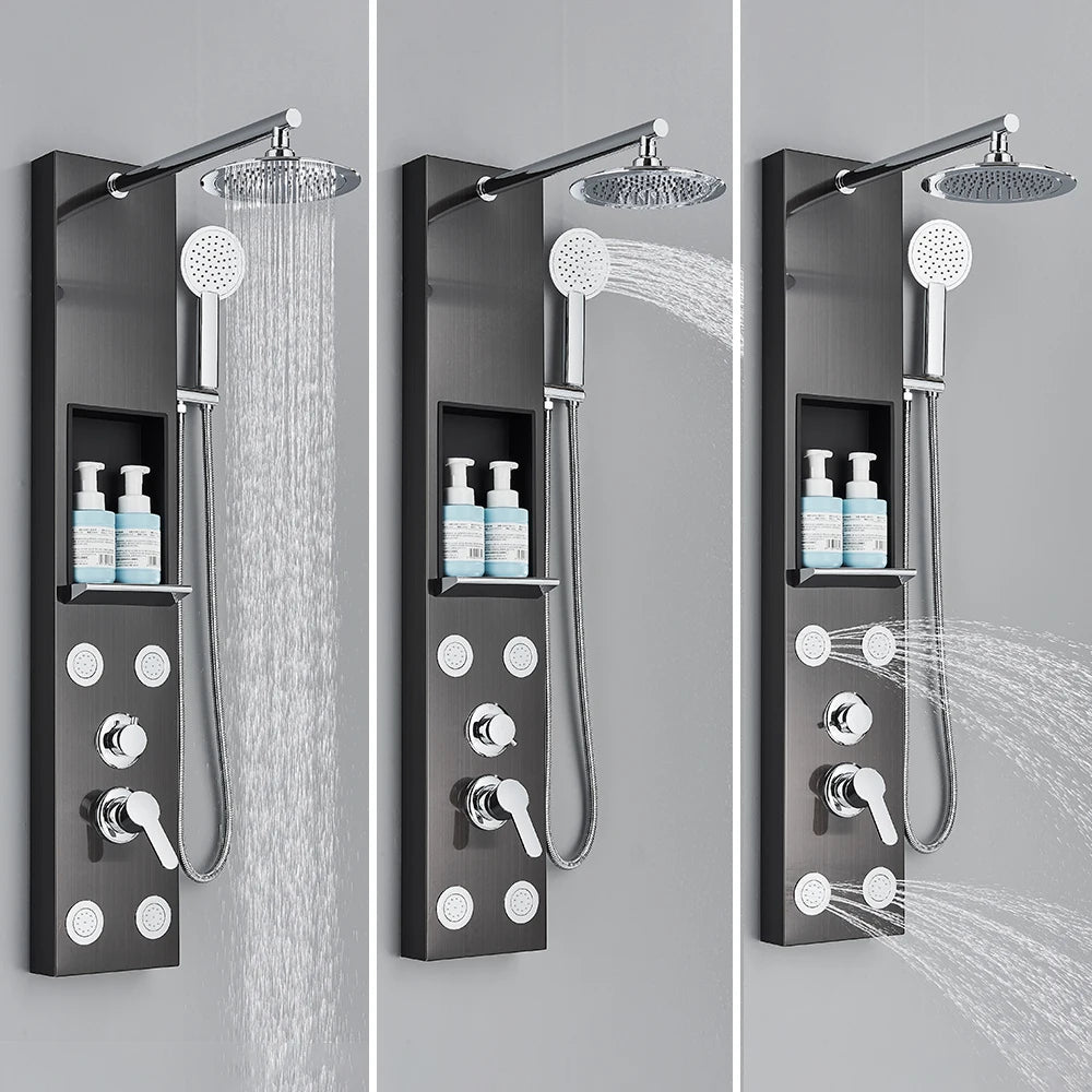 Brushed Nickel Shower Panel Column Rain&Waterfall Shower Head  Massage Jets Hot and Cold Mixer Tap Bathroom Shower Faucet