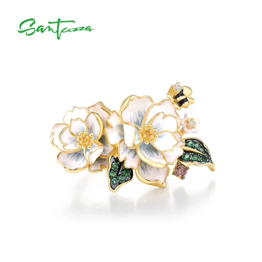 SANTUZZA Pure 925 Sterling Silver Rings For Women Green Spinel Yellow White CZ Handmade Enamel Flower Ring Delicate Fine Jewelry