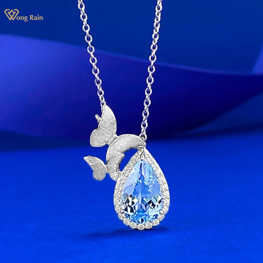 Wong Rain 100% 925 Sterling Silver Pear Cut 7*11 MM Blue Topaz High Carbon Diamond Gems Pendant Necklace Fine Jewelry Wholesale