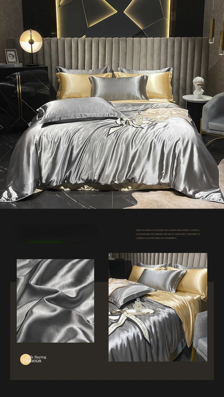 Real 100% Mulberry Silk Bedding Set with Duvet Cover Fitted/Flat Bed Sheet Pillowcase Solid Color 4pcs King Queen Twin Bed Sets