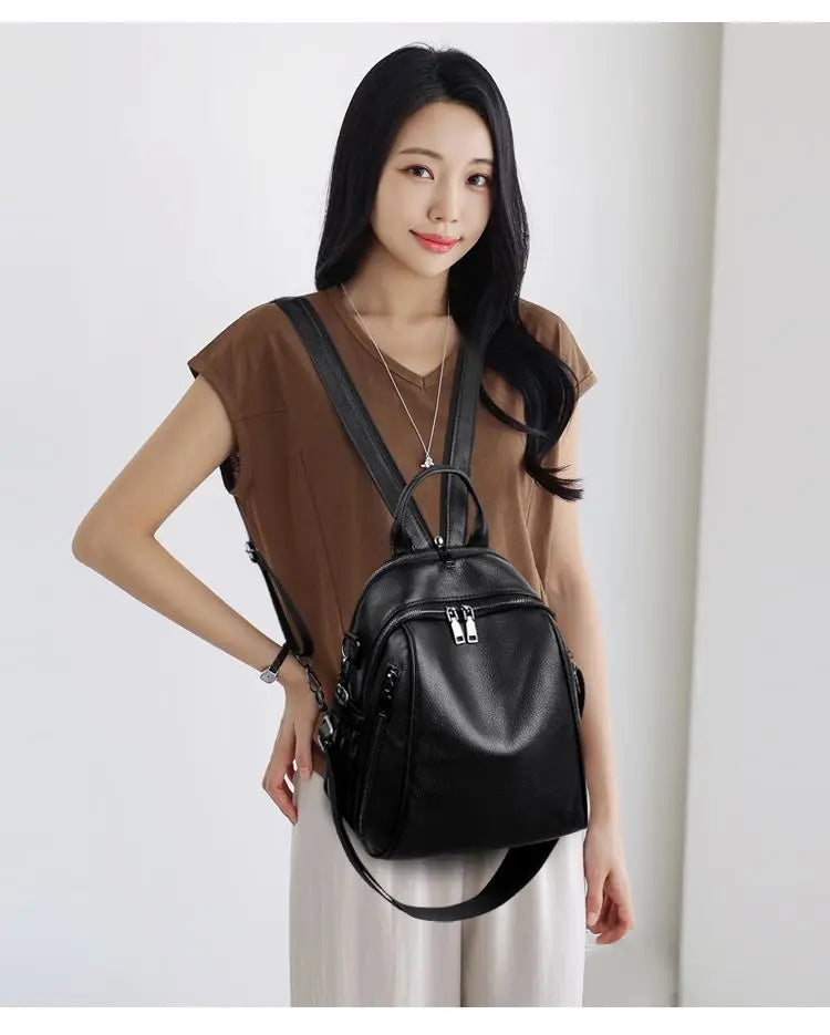 2026 New Fashionable Pure Color Leather Backpack Women's Cross-Border Travel Bag Durable Soft Cowhide Shoulder Bag for All Ages