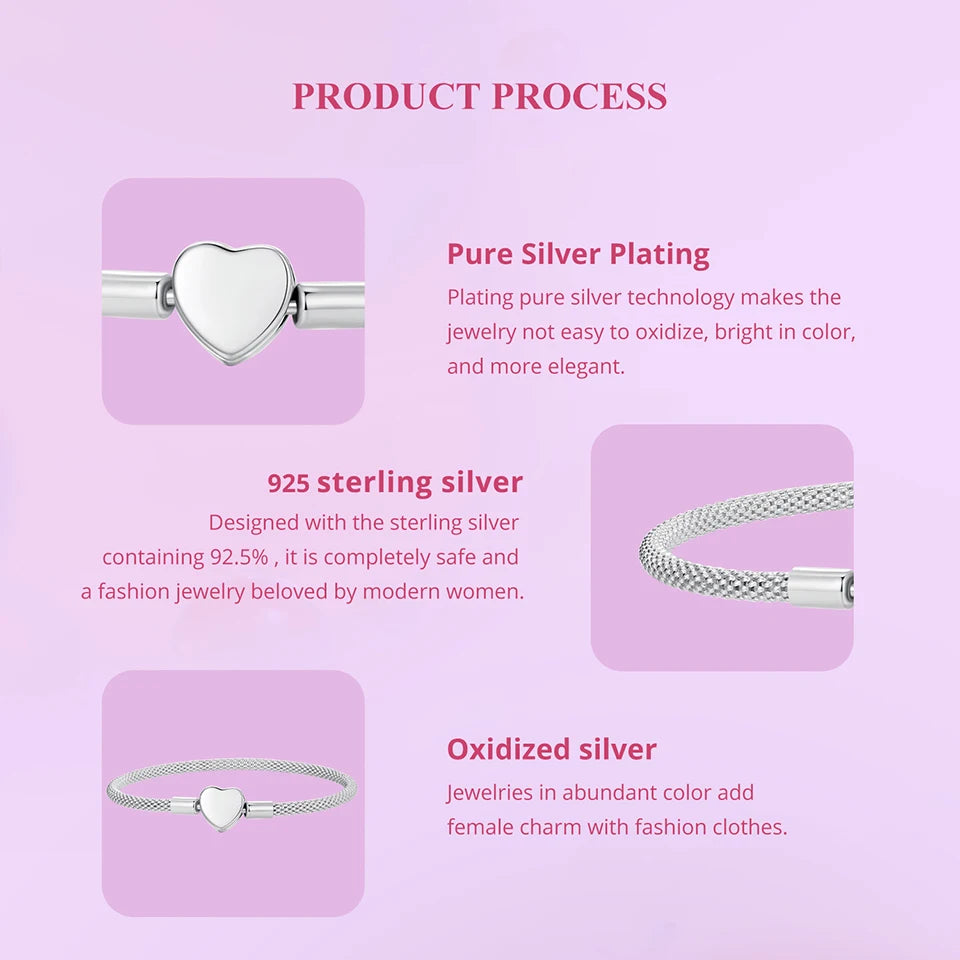 WOSTU 925 Sterling Silver Vintage Rose Flower Love Heart Bangle Bracelet Fit DIY Bracelets Women Valentine Mother's Day Gift