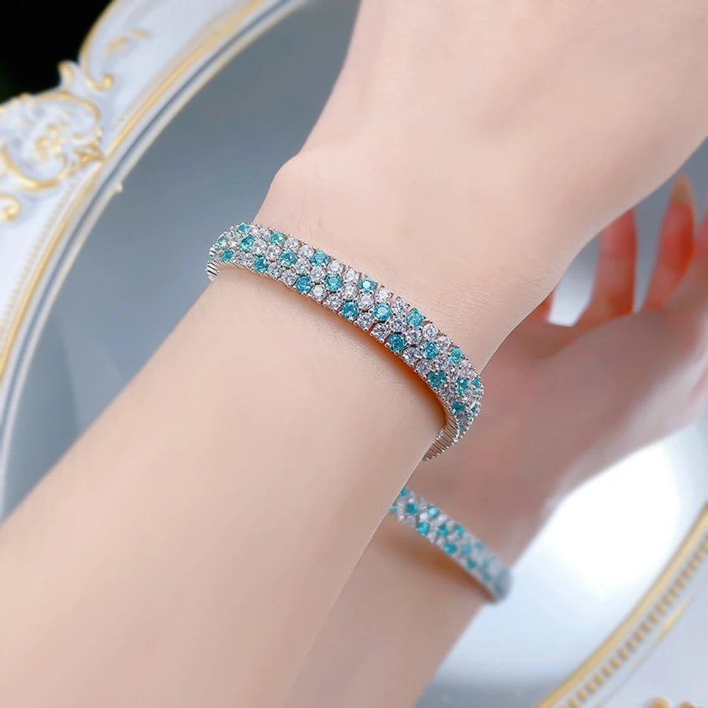 Wong Rain Luxury 925 Sterling Silver Paraiba Tourmaline High Carbon Diamond Gems Women Bracelets Bangle Fine Jewelry 15-18 CM