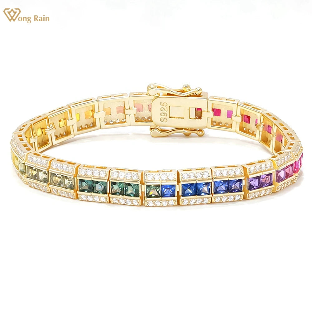 Wong Rain 925 Sterling Silver Lab Sapphire High Carbon Diamond Gemstone Colorful Bracelets Bangle Fine Jewelry Anniversary Gifts
