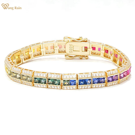 Wong Rain 925 Sterling Silver Lab Sapphire High Carbon Diamond Gemstone Colorful Bracelets Bangle Fine Jewelry Anniversary Gifts