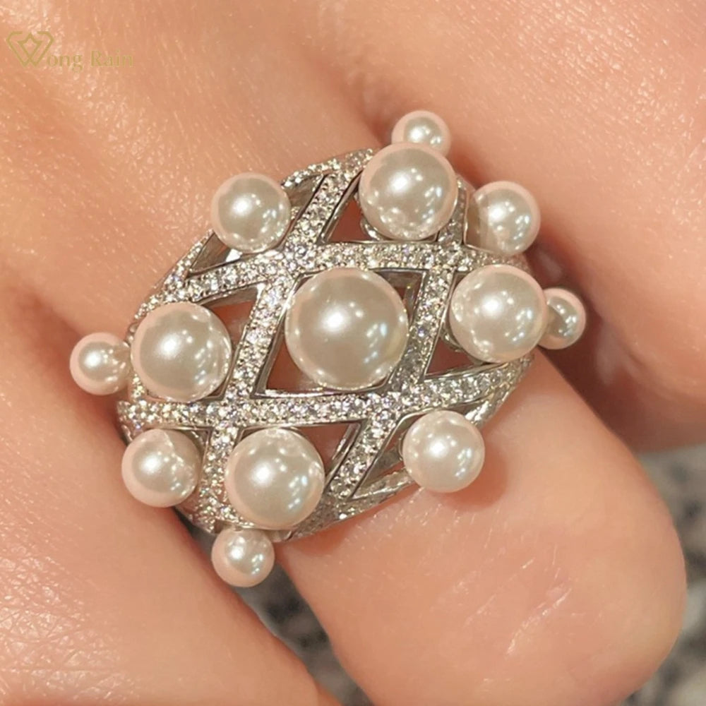 Wong Rain Sparkling 925 Sterling Silver Full Pearl High Carbon Diamond Gemstone Wedding Engagement Ring for Women Fine Jewelry