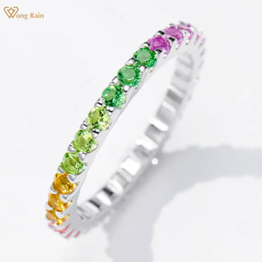 Wong Rain Solid 925 Sterling Silver Colorful  Lab Sapphire Gemstone Row Ring for Women Fine Jewelry Wedding Band Gifts Wholesale