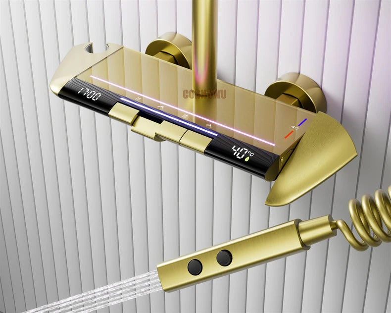 Brush Gold Atmosphere Rain Shower Faucet Bathtub LED Digital Hot Cold Thermostatic Shower System Bathtub Wall Mount Bath Tap Set