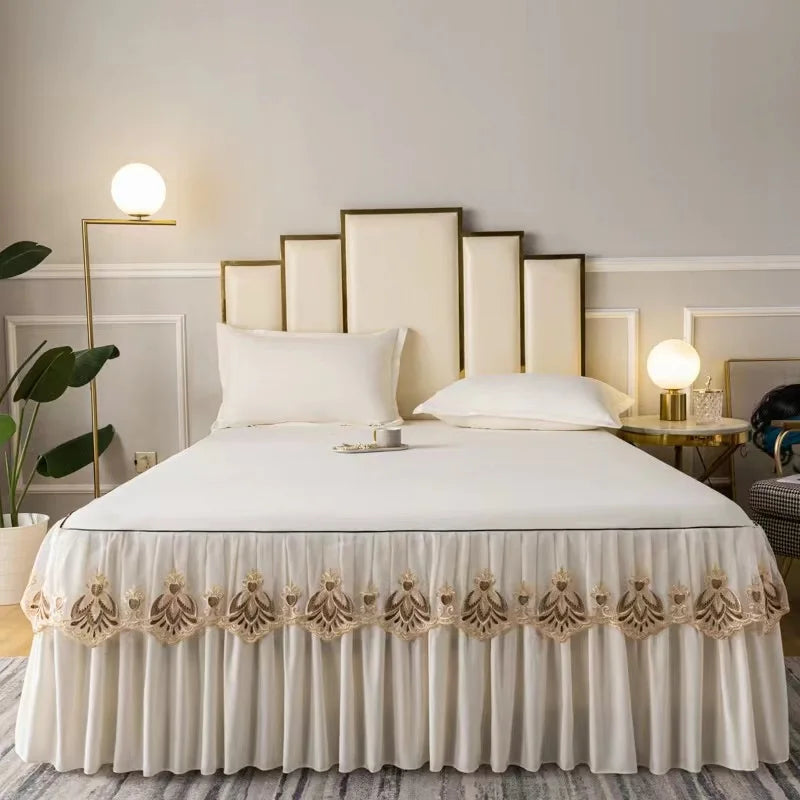 3pcs Set Raw Cotton Soft Bedspread Bed Romance Dust Protector Cover Embroidery Lace Edge Bed Skirt with 2pcs Pillowcase