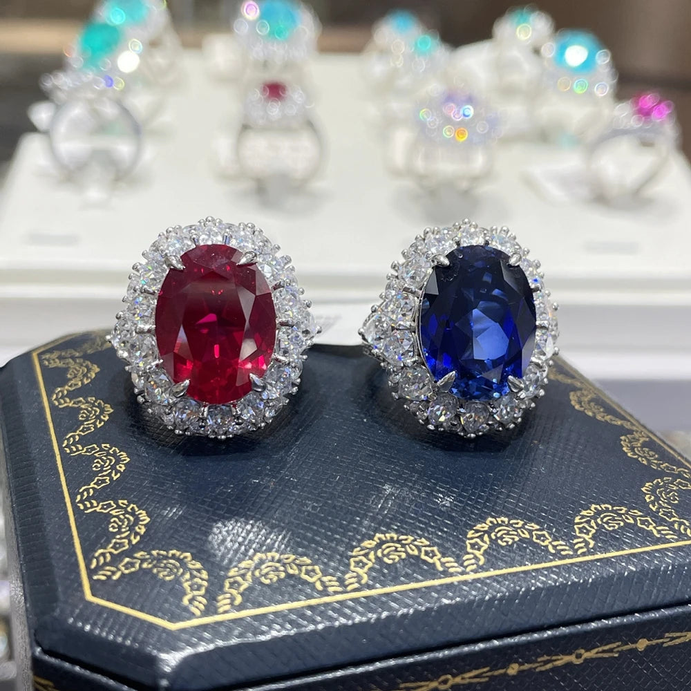 Vinregem 12CT Oval Cut Sapphire Ruby High Carbon Diamond Gemstone 925 Sterling Silver Women Rings Engagement Fine Jewelry Gifts