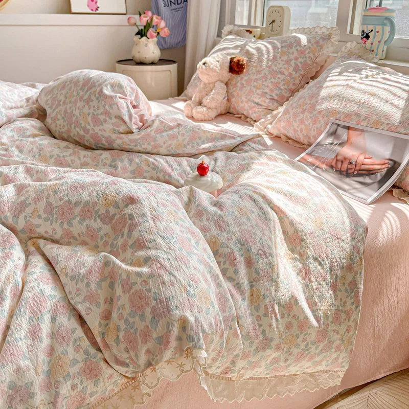 INS Princess Bedding Set 이불세트 2025 New Soft Wrinkled Double-layer Bed Flat Sheet Twin Queen Size Duvet Set Pillowcase Bed Linens
