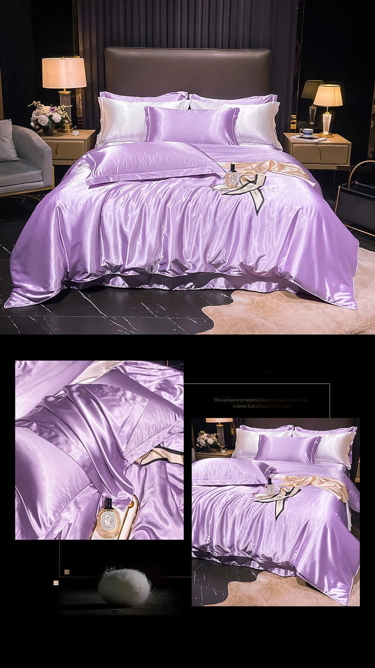 Real 100% Mulberry Silk Bedding Set with Duvet Cover Fitted/Flat Bed Sheet Pillowcase Solid Color 4pcs King Queen Twin Bed Sets