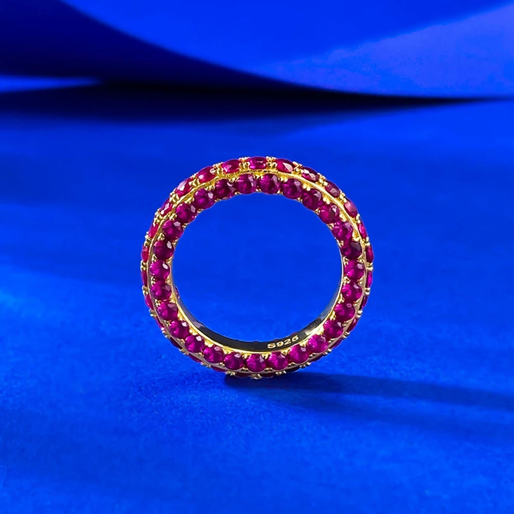 Wong Rain Vintage Solid 925 Sterling Silver Round Cut Ruby Gemstone Row Ring for Women Fine Jewelry Wedding Band Gifts Wholesale