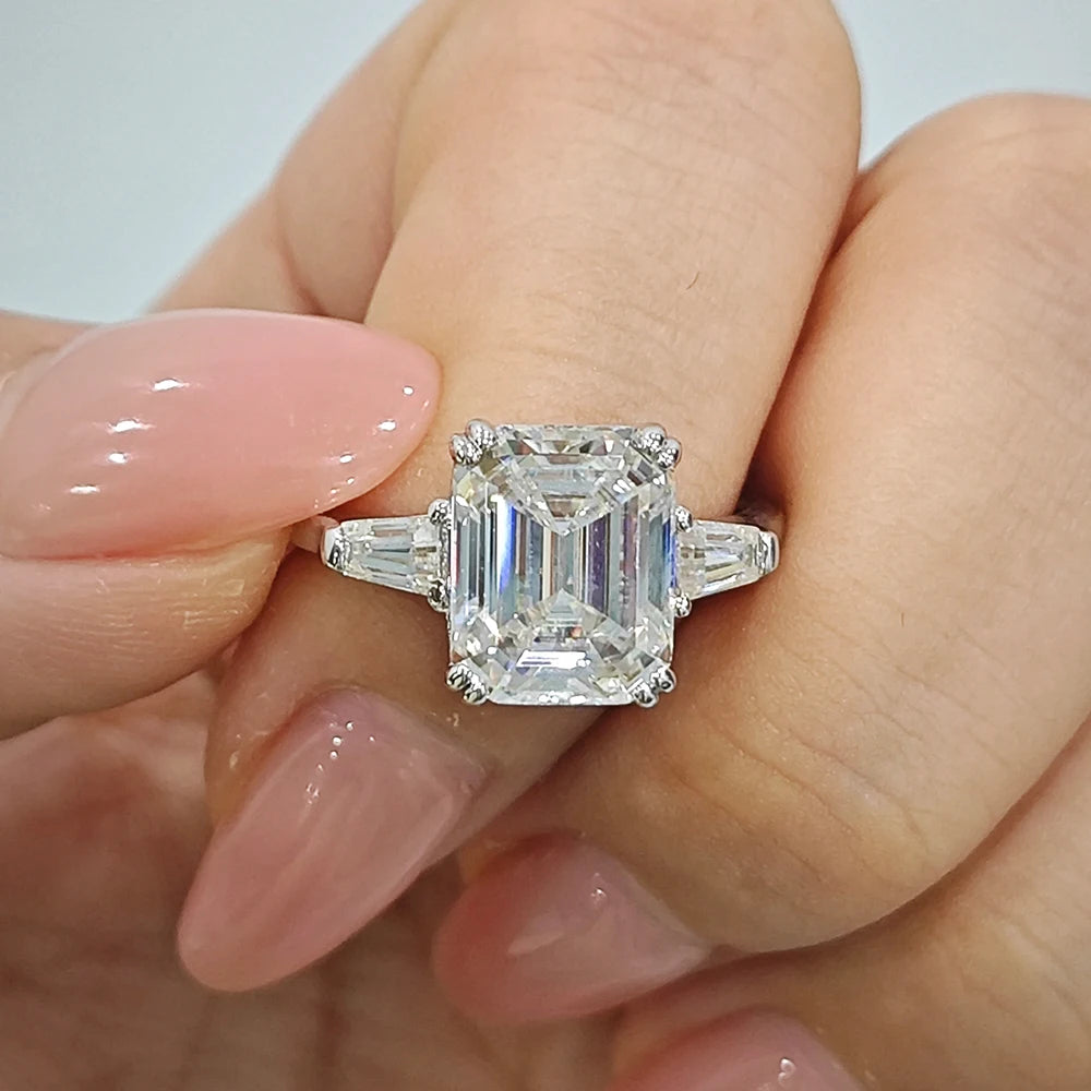 1-4 Carat Emerald Cut Moissanite Rings for Women D VVS1 Three Stone Diamond Engagement Ring Side Baguettes 925 Silver Jewelry