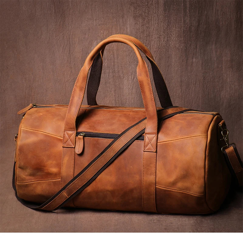 GURO Vintage Crazy Horse Cowhide Travel Bag Men's Real Leather Handbag Casual Weekend Camping Luggage Bag Daily Gym Shoulder Bag