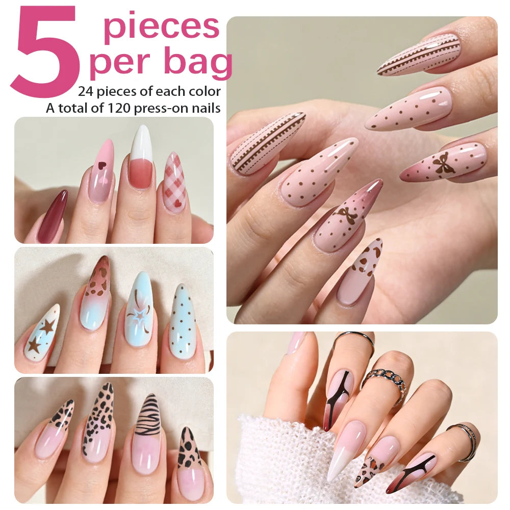 120Pcs Y2k Star Leopard Print Long Stilettos False Nails 5-Styles Pink/Blue Glossy Acrylic Press on nails Full Cover Fake Nails_