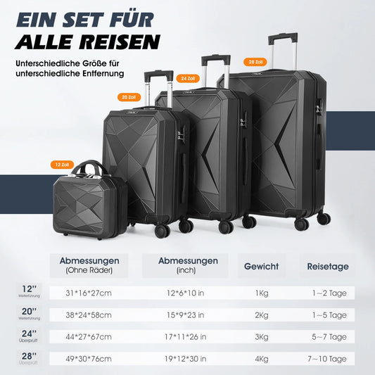 4tlg Kofferset Hartschalen Koffer S-M-L-XL 4 Rollen Kantenschutz Schloss Standfüße Trolley Rollkoffer Reisekoffer Schwarz