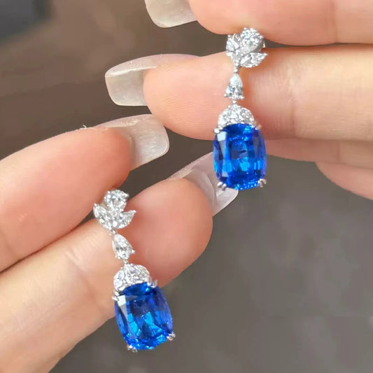 WUIHA Vintage 925 Sterling Silver 8 * 10 MM 4 CT Cushion Cut Lab Sapphire High Carbon Diamonds Drop Dangle Earrings Fine Jewelry