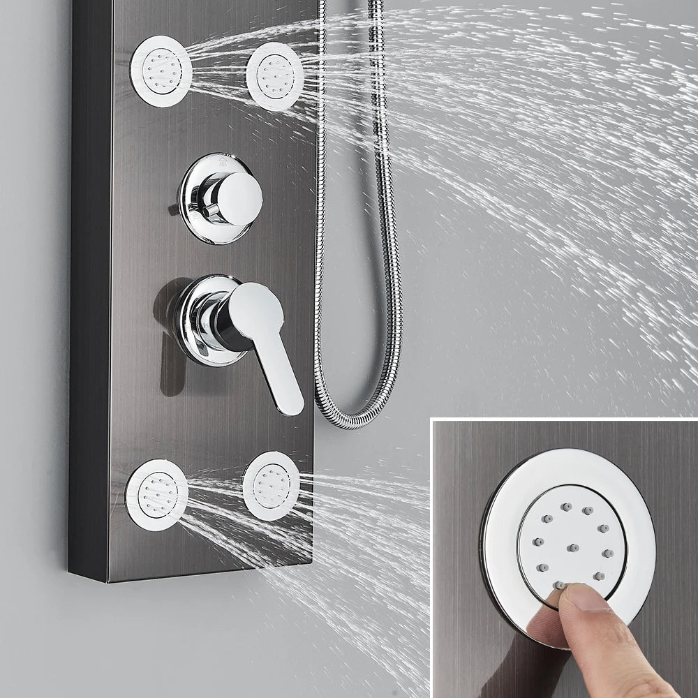 Brushed Nickel Shower Panel Column Rain&Waterfall Shower Head  Massage Jets Hot and Cold Mixer Tap Bathroom Shower Faucet