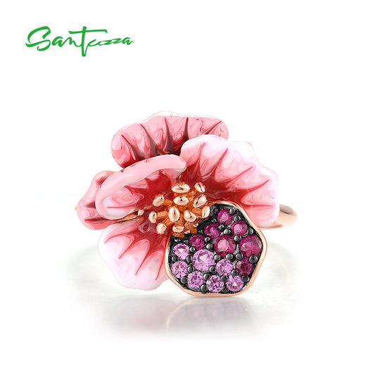 SANTUZZA Real 925 Sterling Silver Ring For Women Sparkling Created Red Sapphire Enamel Fancy Wedding Party Gifts Fine Jewelry