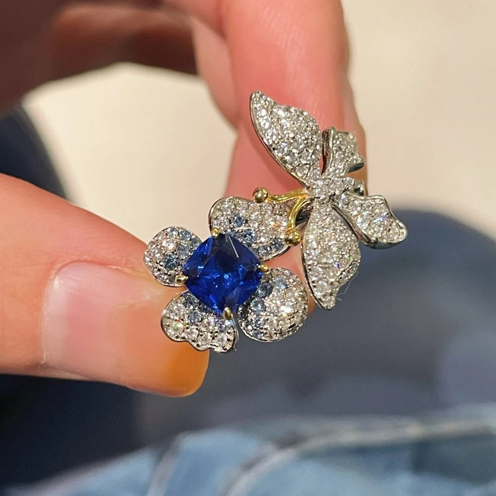 Wong Rain Luxury 925 Sterling Silver Sapphire High Carbon Diamond Gemstone Flower Ring for Women Fine Jewelry Anniversary Gifts