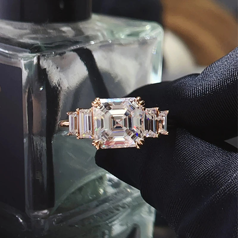 BXINY 4CT Asscher Cut All Moissanite Ring 100% S925 Silver Baguette Diamond Wedding Band for Women Gift Jewelry With Certificate