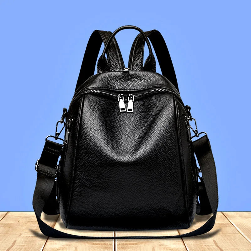 2026 New Fashionable Pure Color Leather Backpack Women's Cross-Border Travel Bag Durable Soft Cowhide Shoulder Bag for All Ages