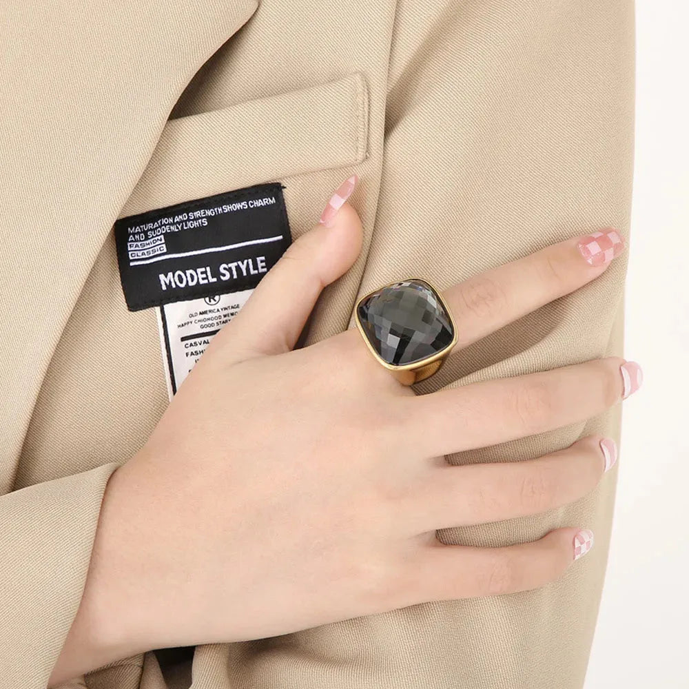 Niche Exaggerated Modern Large Gemstone Women's Ring Titanium Steel Plated 18k Gold Jewelry