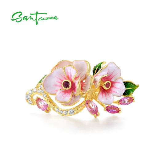 SANTUZZA Genuine 925 Sterling Silver Rings For Women Red Pink Stones White CZ Handmade Enamel Flower Ring Delicate Fine Jewelry