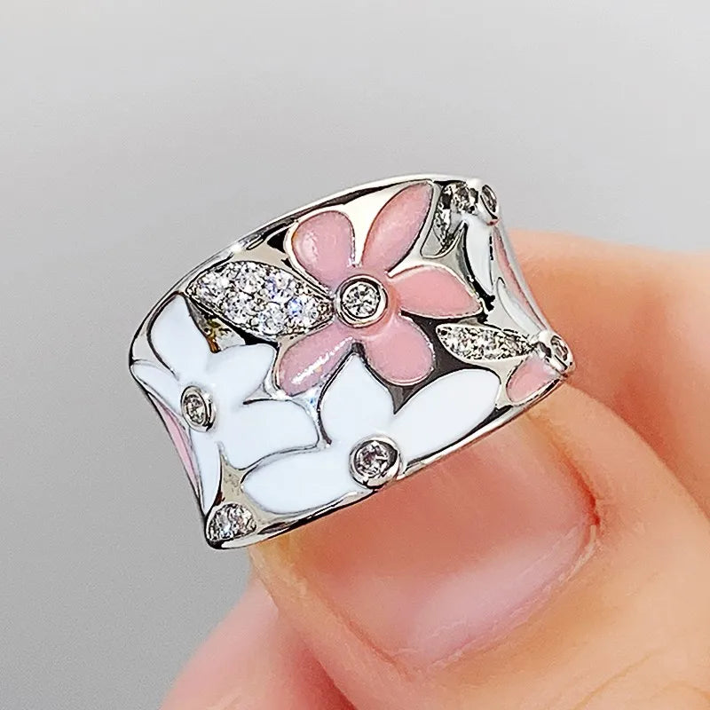 Huitan Aesthetic Enamel Flower Finger Ring for Women Wedding Party New 2023 Ring Silver Color Luxury Cubic Zirconia Jewelry Gift