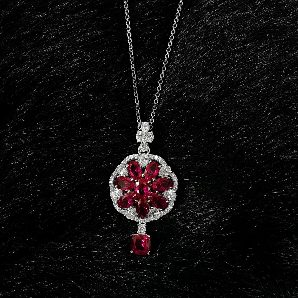 Wong Rain Solid 925 Sterling Silver 6*6MM Ruby White Sapphire Gemstone Flowers Pendant Necklace for Women Fine Jewelry Wholesale