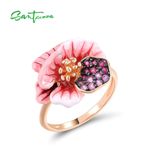 SANTUZZA Real 925 Sterling Silver Ring For Women Sparkling Created Red Sapphire Enamel Fancy Wedding Party Gifts Fine Jewelry