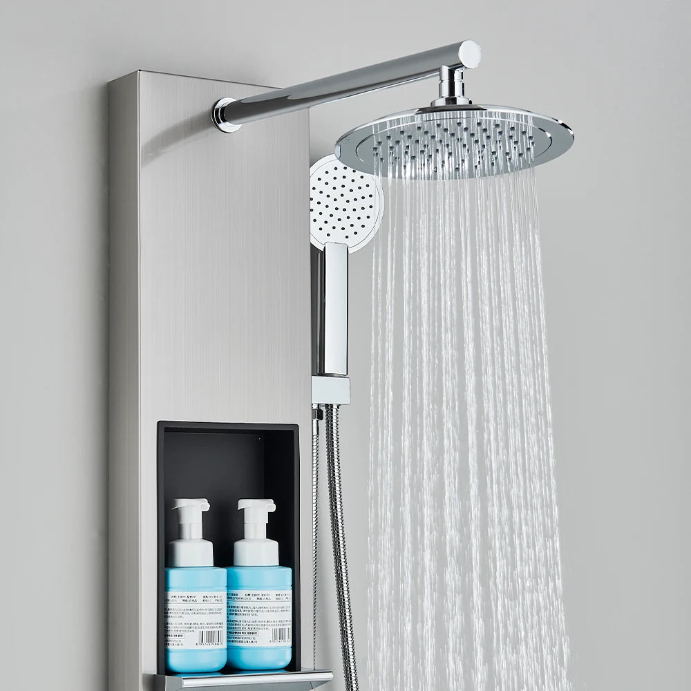 Brushed Nickel Shower Panel Column Rain&Waterfall Shower Head  Massage Jets Hot and Cold Mixer Tap Bathroom Shower Faucet