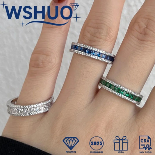 WSHUO Emerald High Carbon Diamond Ring Gemstone Vintage 100% 925 Sterling Silver Wedding Fine Luxury Jewelry for Women Wholesale