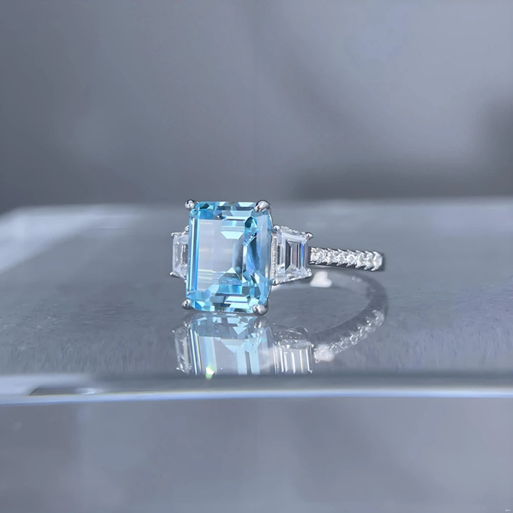 Wong Rain 925 Sterling Silver Emerald Cut 8*10 MM Aquamarine Citrine High Carbon Diamond Wedding Engagement Rings Fine Jewelry