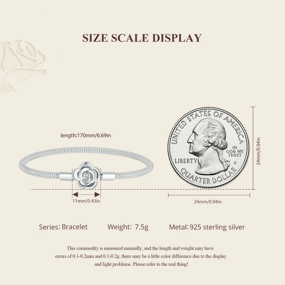 WOSTU 925 Sterling Silver Vintage Rose Flower Love Heart Bangle Bracelet Fit DIY Bracelets Women Valentine Mother's Day Gift