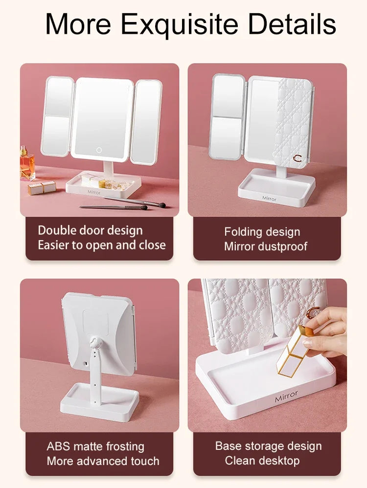 Tri-Fold Makeup Mirror with Led Light, Rotable Cute Desk Vanity Mirror 3 Tone with 2X/3X Magnifying Gift for Mom Wife Girlfriend