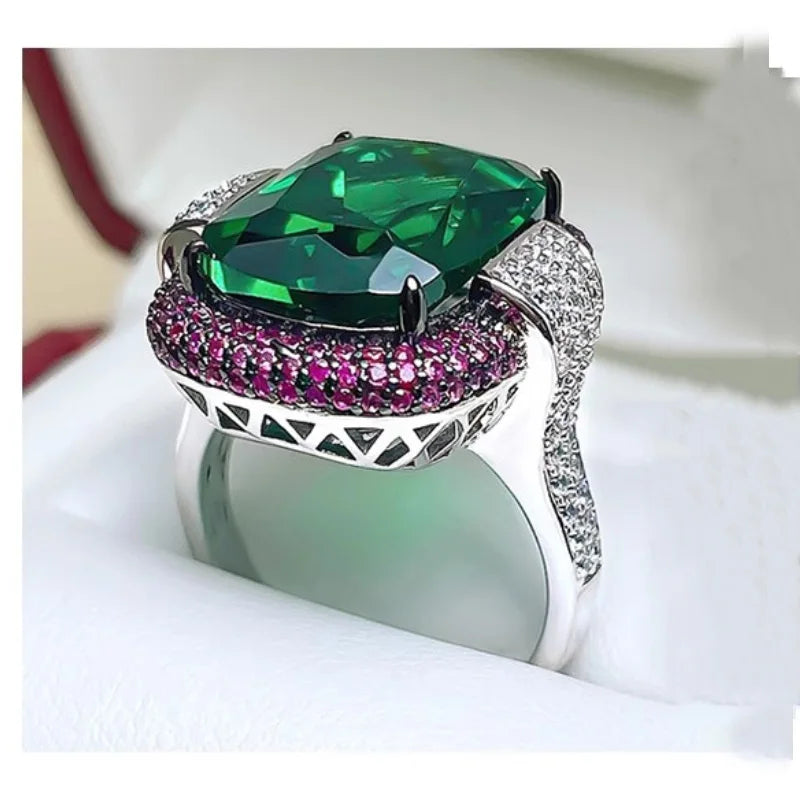 Silver Color Ruby Emerald Rings for Women Lab Diamond Wedding Bands Gemstone Cocktail Party Fine Jewelry Female Anniversary Gift