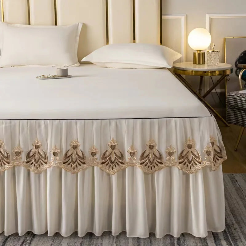 3pcs Set Raw Cotton Soft Bedspread Bed Romance Dust Protector Cover Embroidery Lace Edge Bed Skirt with 2pcs Pillowcase