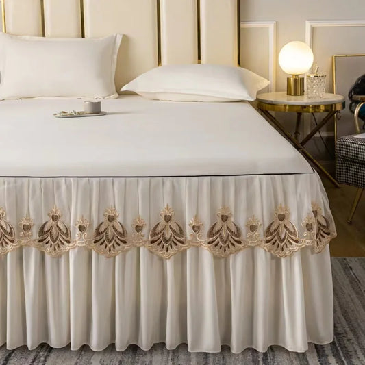 3pcs Set Raw Cotton Soft Bedspread Bed Romance Dust Protector Cover Embroidery Lace Edge Bed Skirt with 2pcs Pillowcase