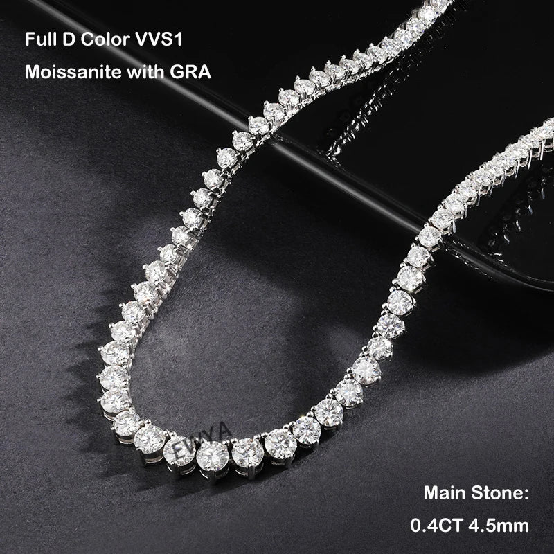 EWYA 3 Claw 0.4CT 4.5mm Gradient Full D Color Moissanite Diamond Tennis Necklace for Women 925 Silver GRA Certified Neck Chain
